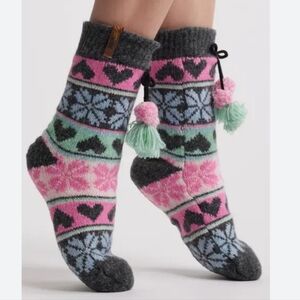 Muk Luks Slipper Socks Hearts Pink Gray Pom Pom Non Slip New